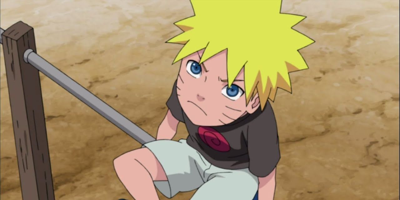 Kid Naruto sitting on a bar