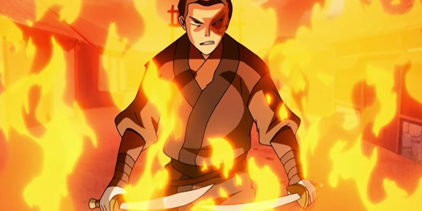 Prince Zuko from Avatar: The Last Aibender standing in flames holding swords