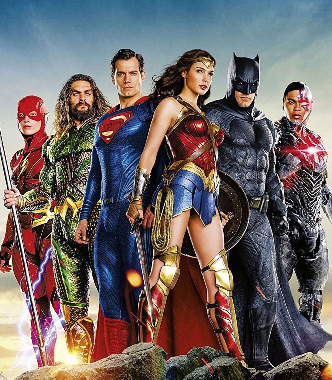 The DCEU lineup of characters featuring the Flash, Aquaman, Superman, Wonder Woman, Batman