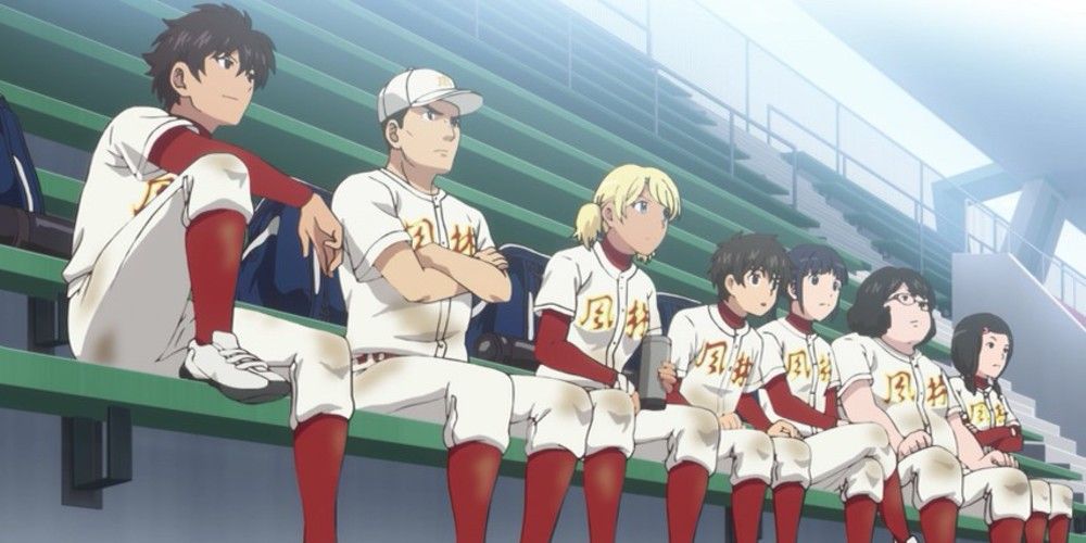 Goro and the rest of the baseball players of the Major 2nd anime sitting on the sidelines.