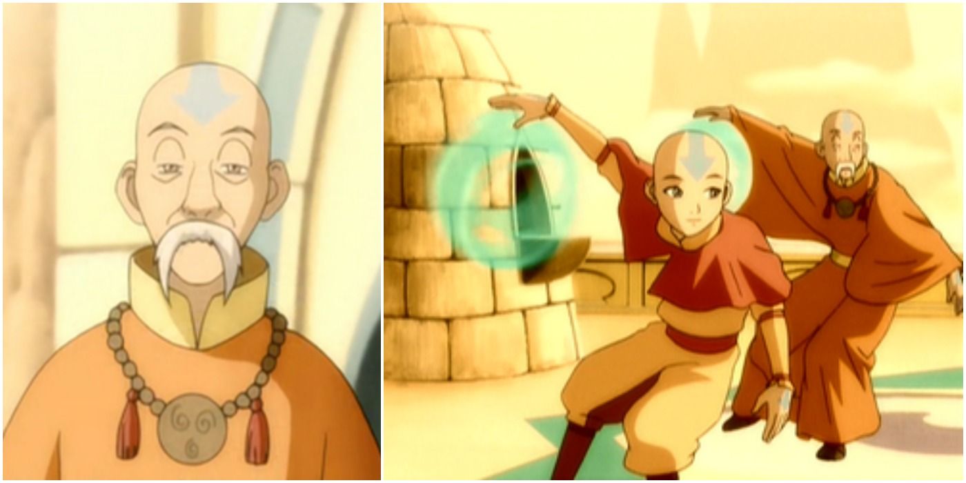 Monk Gyatso's portrait next to Aang and Gyasto shooting pies at other airbenders
