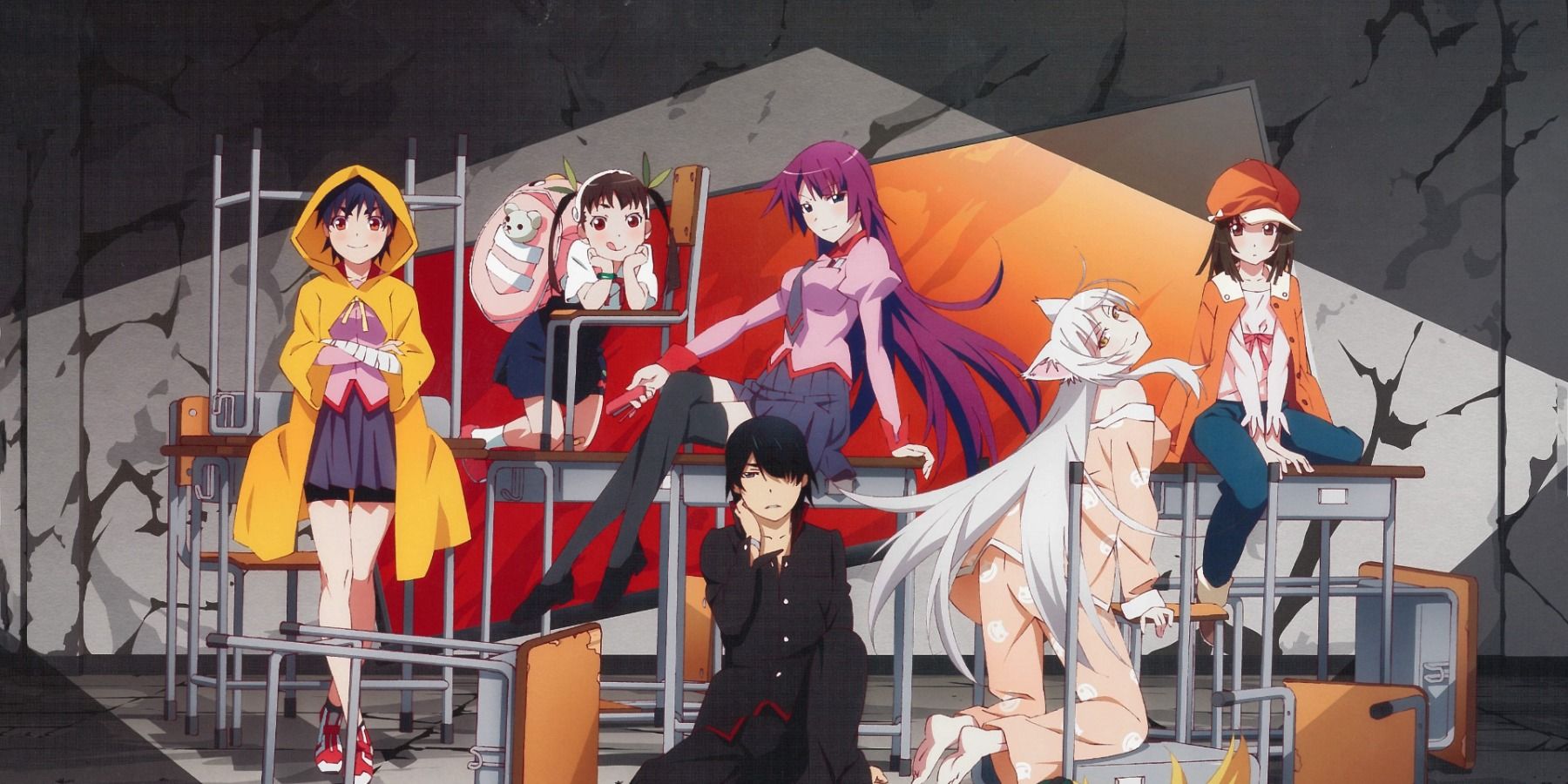 The main cast of anime series Monogatari posed around classroom desks