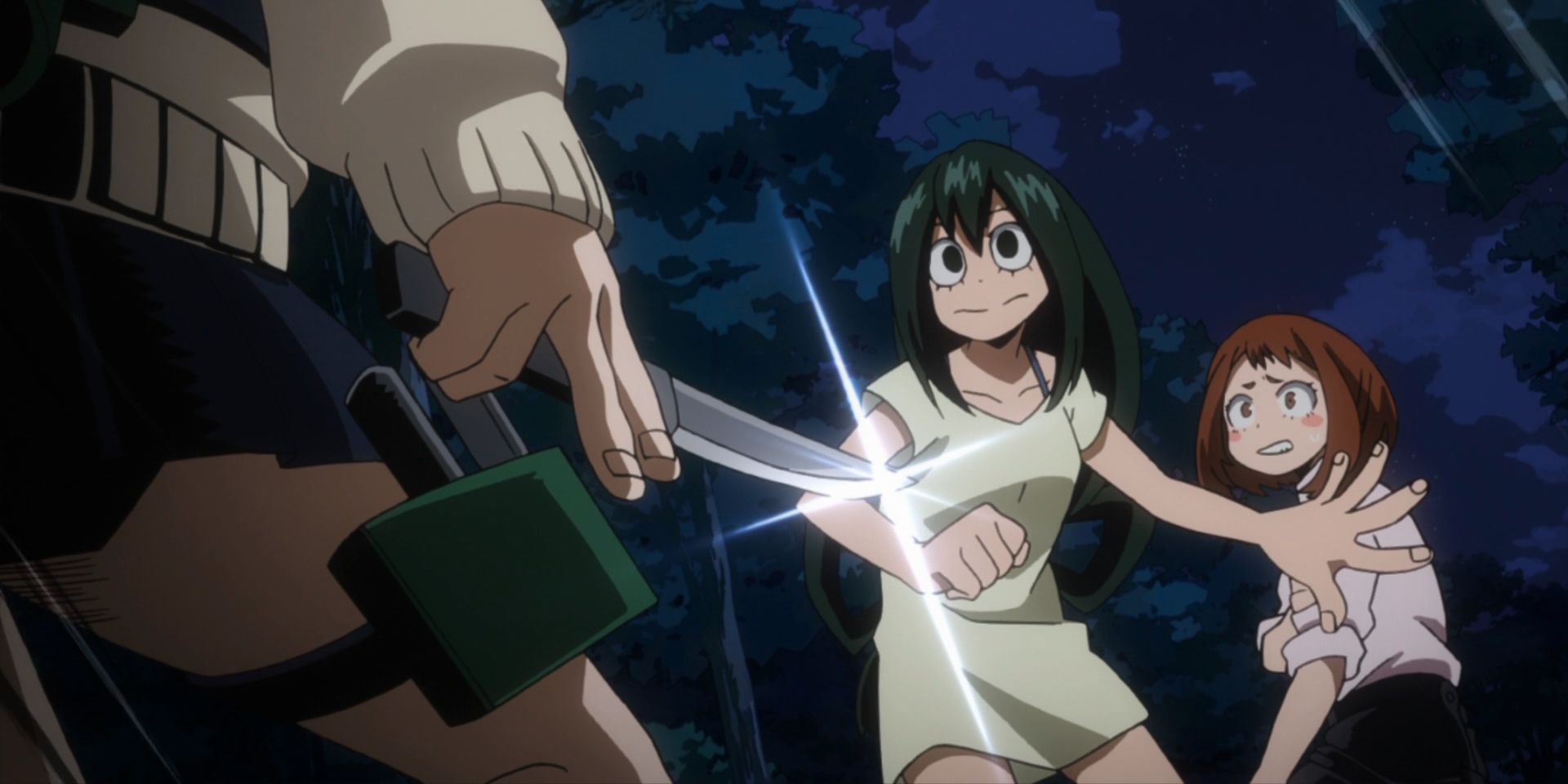 Asui protects Uraraka from Himiko Toga in My Hero Academia