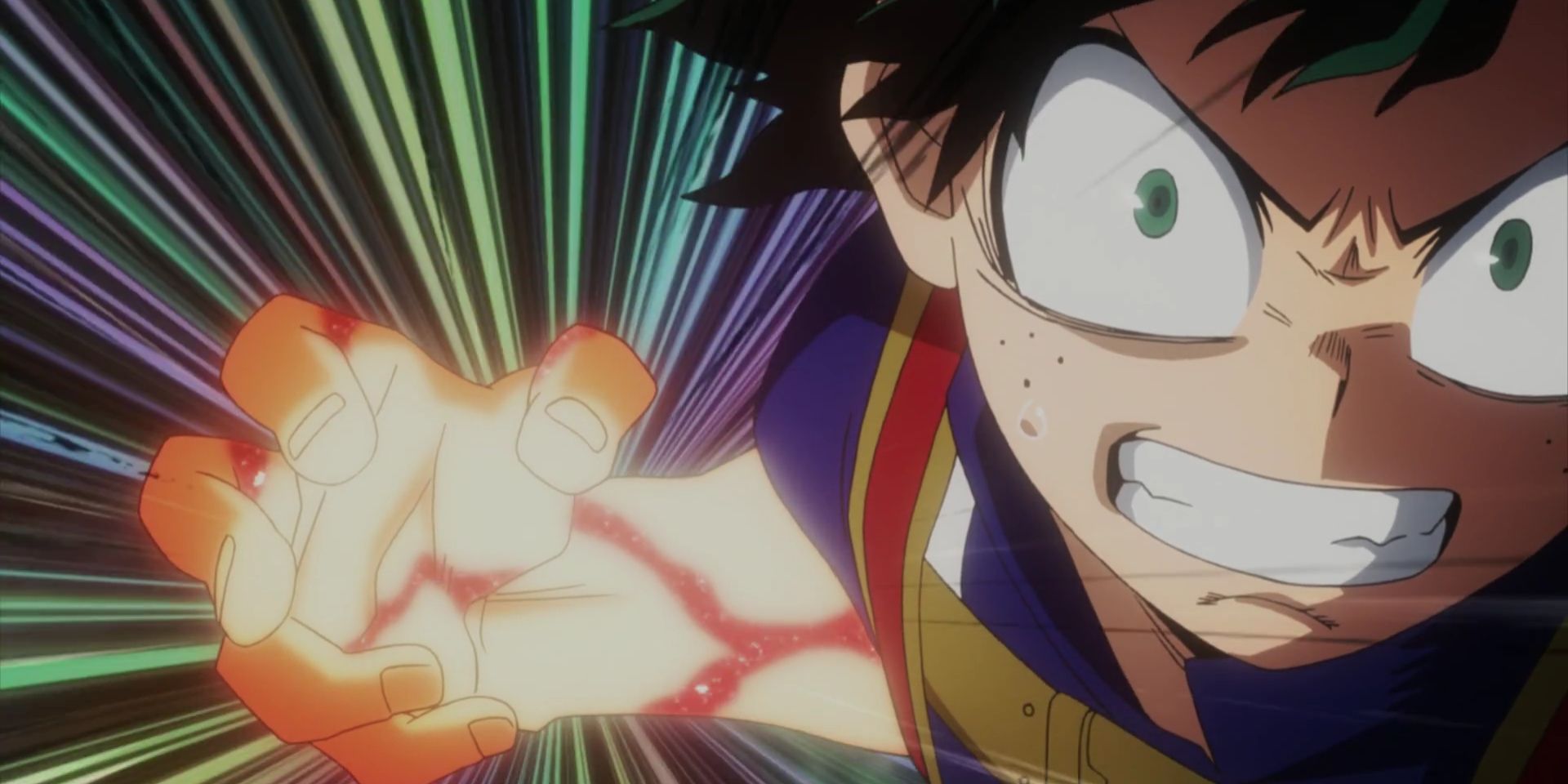 Deku Midoriya uses One For All Quirk to punch in My Hero Academia.