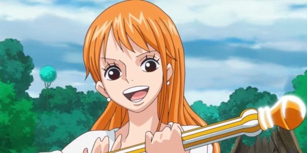Nami holds a staff in the Whole Cake Island arc