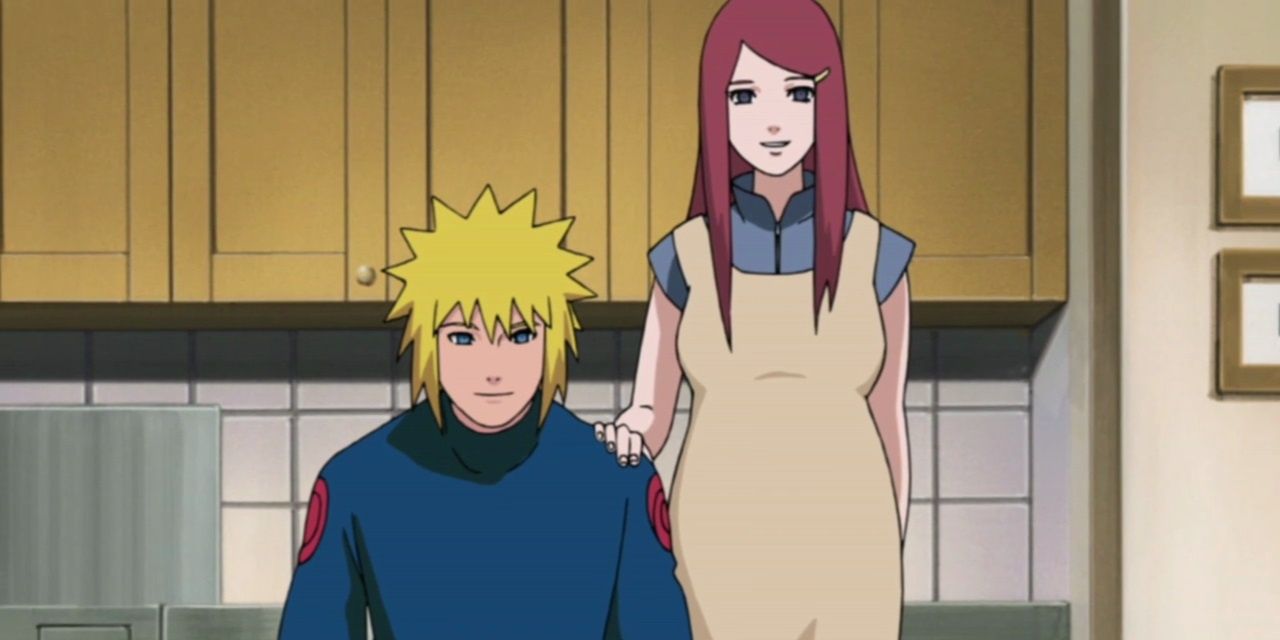 Naruto Minato sitting and Kushina standing while pregnant