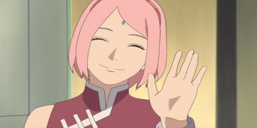 Sakura smiling and waving in Boruto