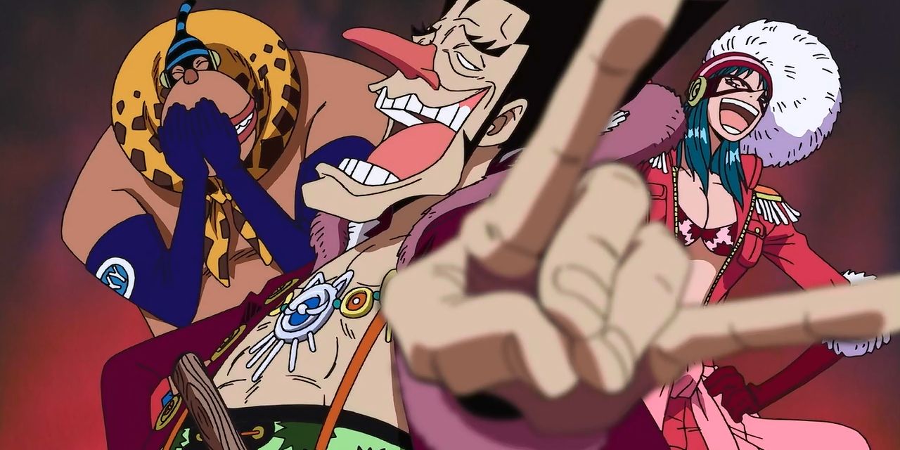 Foxy and his crew laugh at the heroes in One Piece.