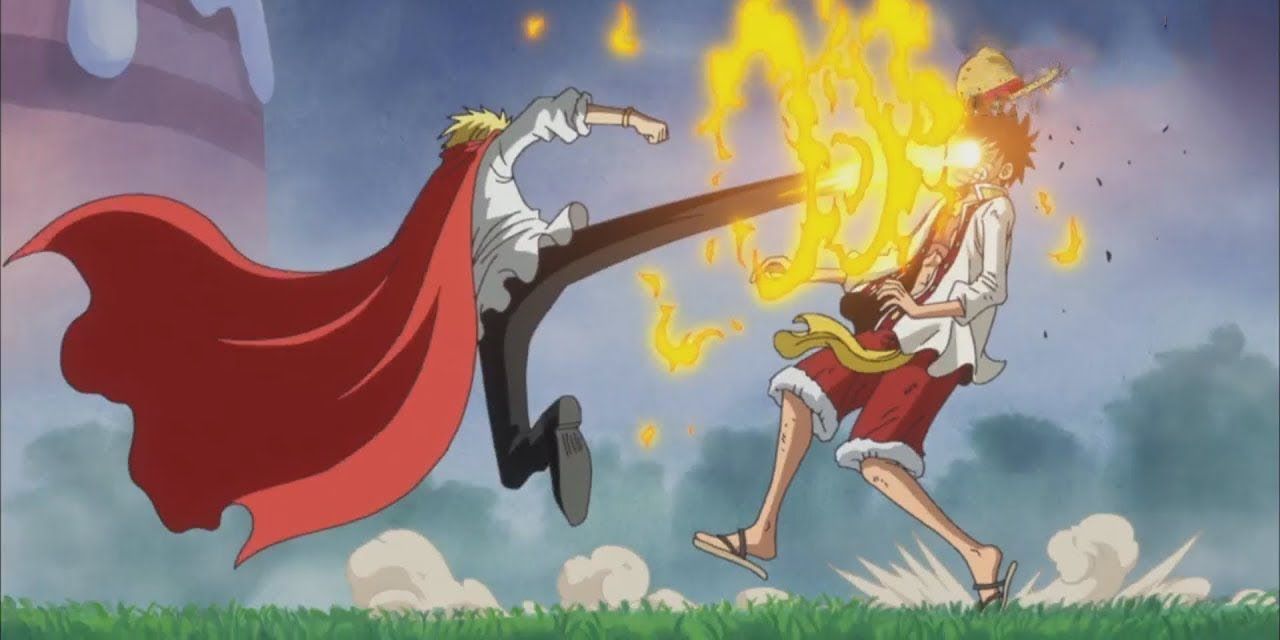 Sanji beats up luffy in One Piece.
