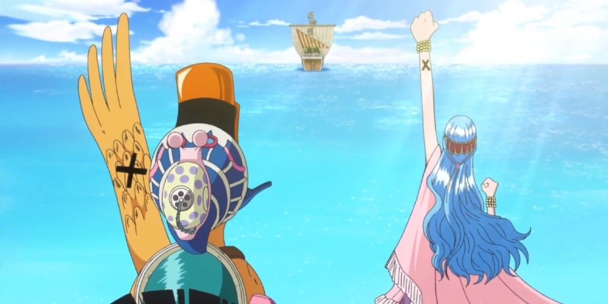 Vivi and Karoo wave farewell to the Straw Hat Pirates in One Piece