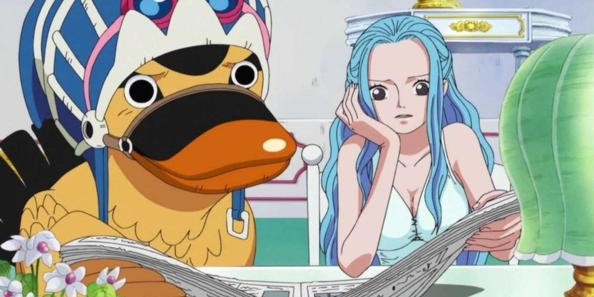 Vivi reads Luffy's message in the One Piece anime.
