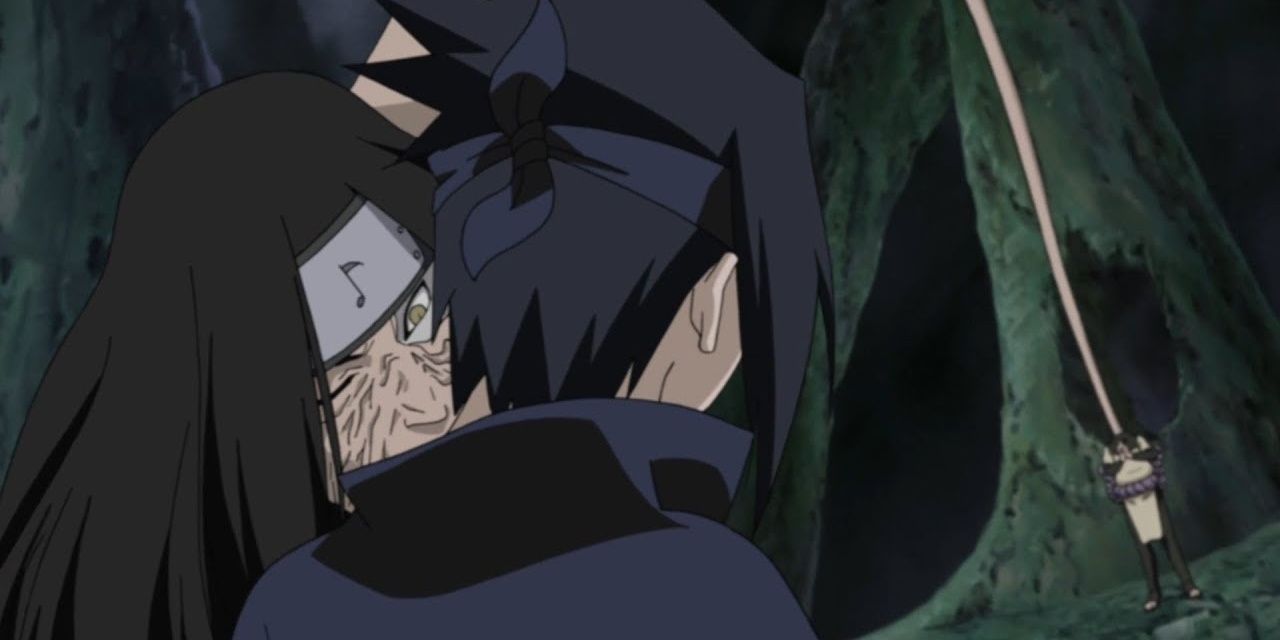 Orochimaru bites Sasuke's neck in Naruto.