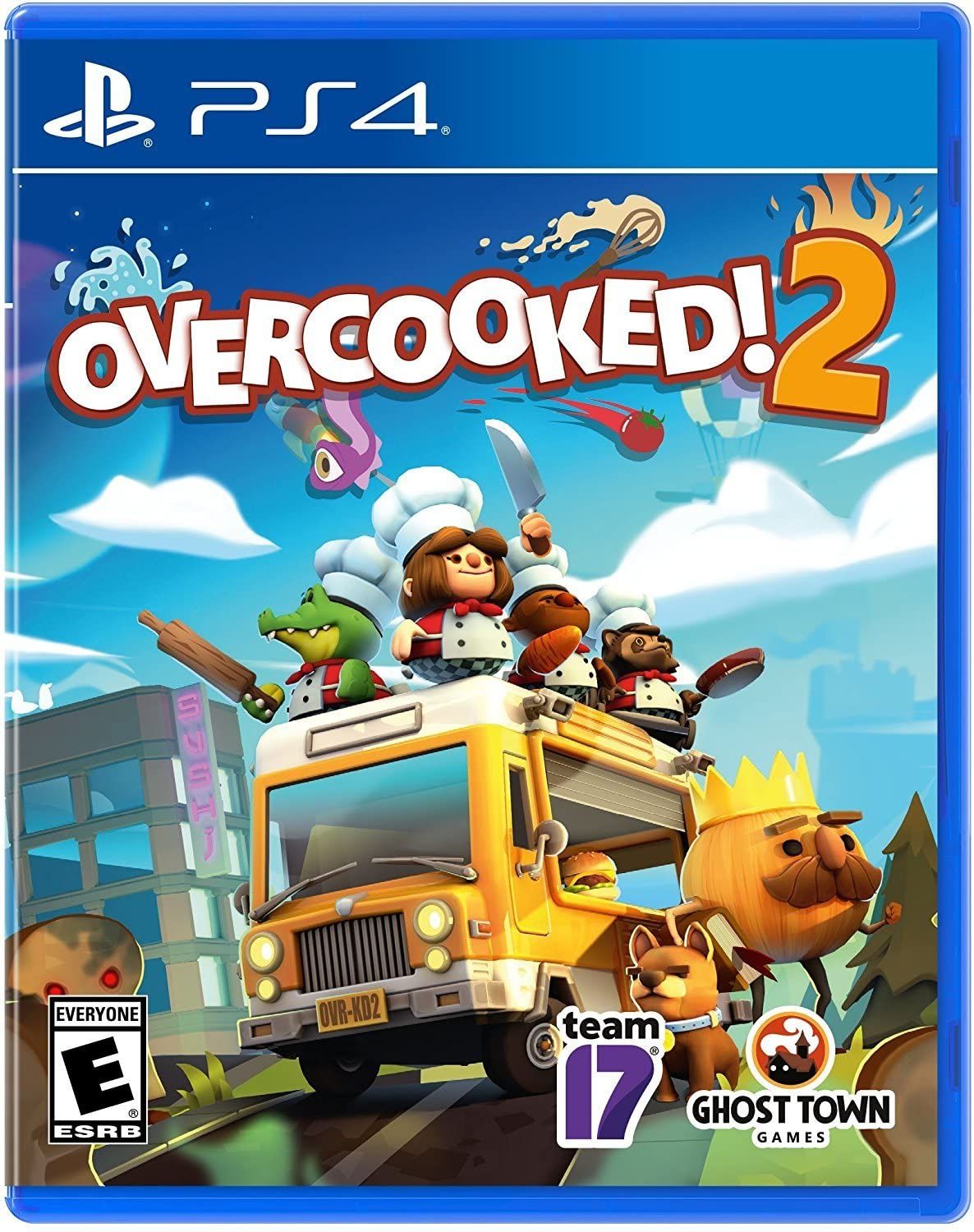 A group of chefs prepare food from a food truck in the cover art for Overcooked! 2