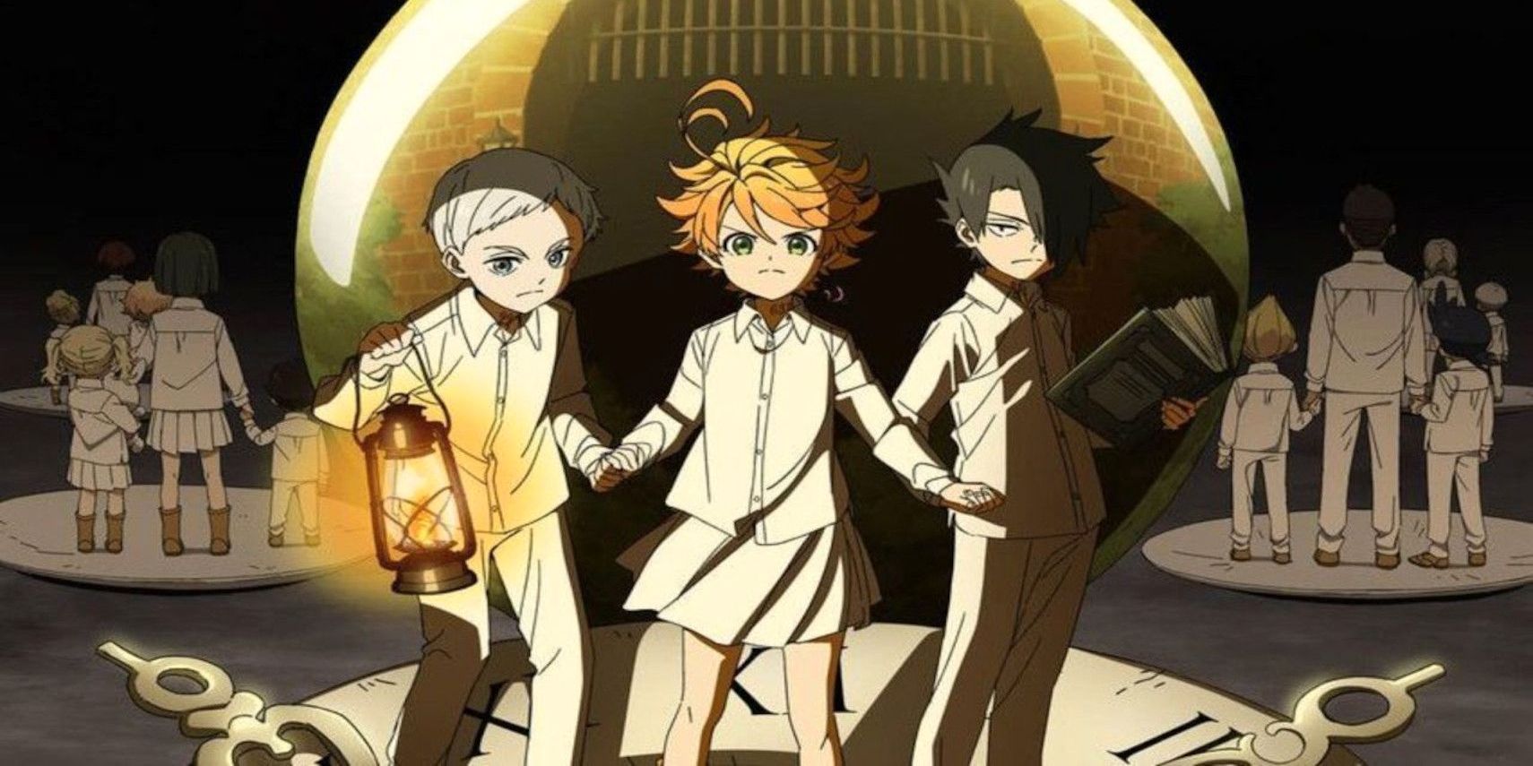 Emma, Norman, and Ray standing on a clock face (The Promised Neverland)