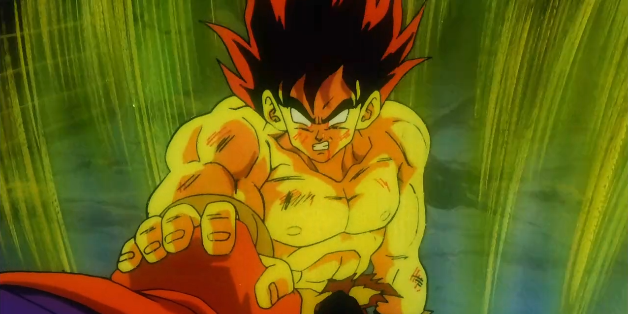O falso Super Saiyan Goku luta contra Lord Slug em Dragon Ball Z.