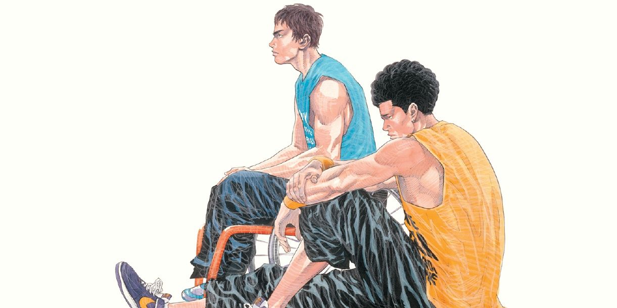 Two main characters from the manga Real, one in a wheelchair and the other sitting on the ground.