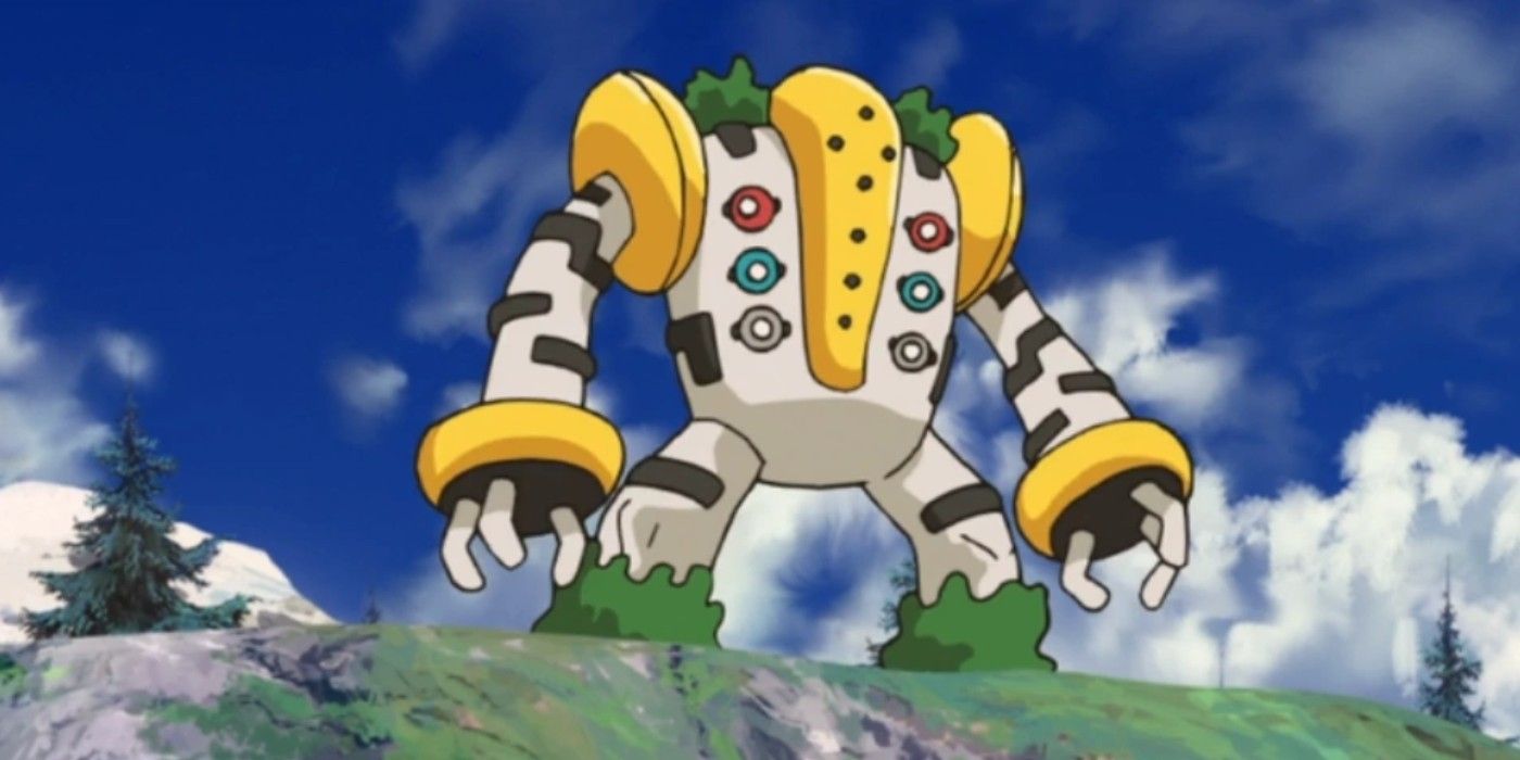 The Pokemon regigigas standing on a hill in the anime