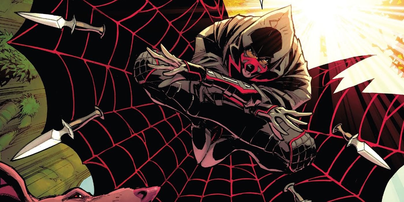 Miles Morales throwing daggers as Weirdworld's Shadow-Spider