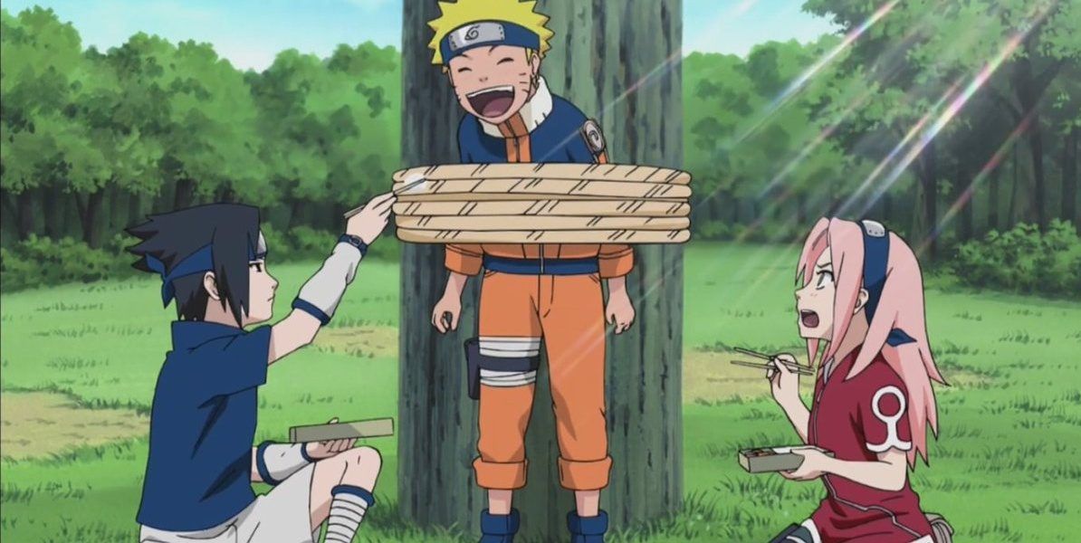 Sasuke feeds naruto who is tied to a tree stump