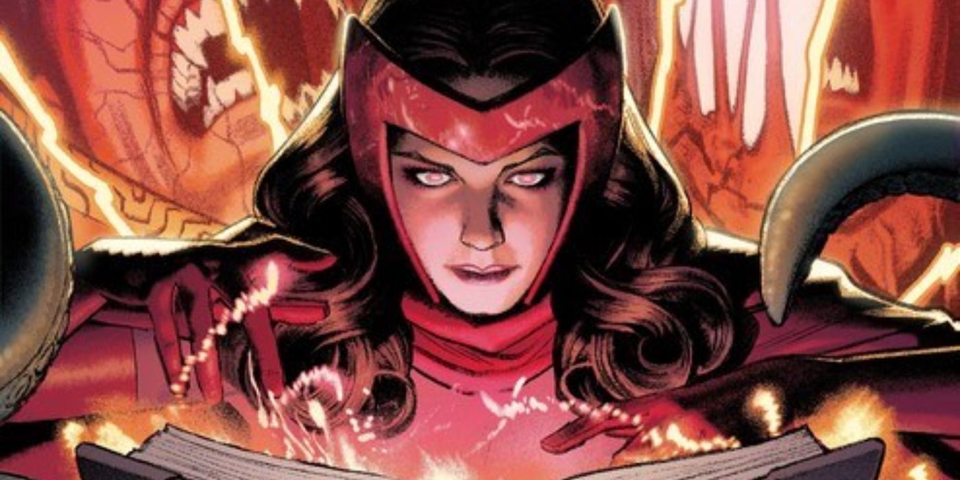 Scarlet Witch reading the Darkhold in Marvel Comics.