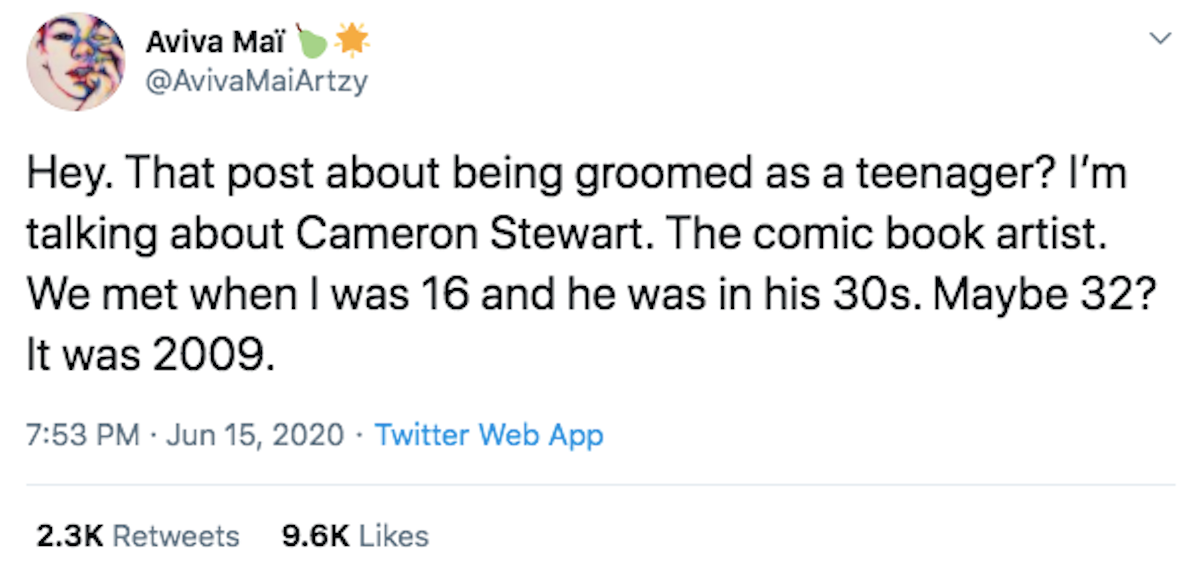 On Twitter, Aviva Maï accuses Cameron Stewart of grooming
