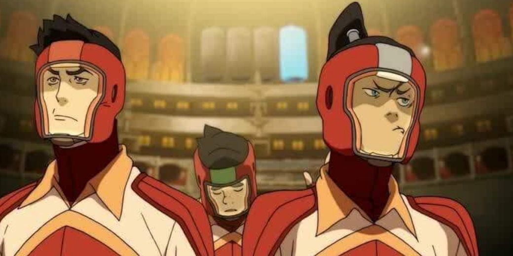 Mako and Korra angrily looking away from each other, while Bolin sighs in the background as they enter the Pro Bending Arena. 