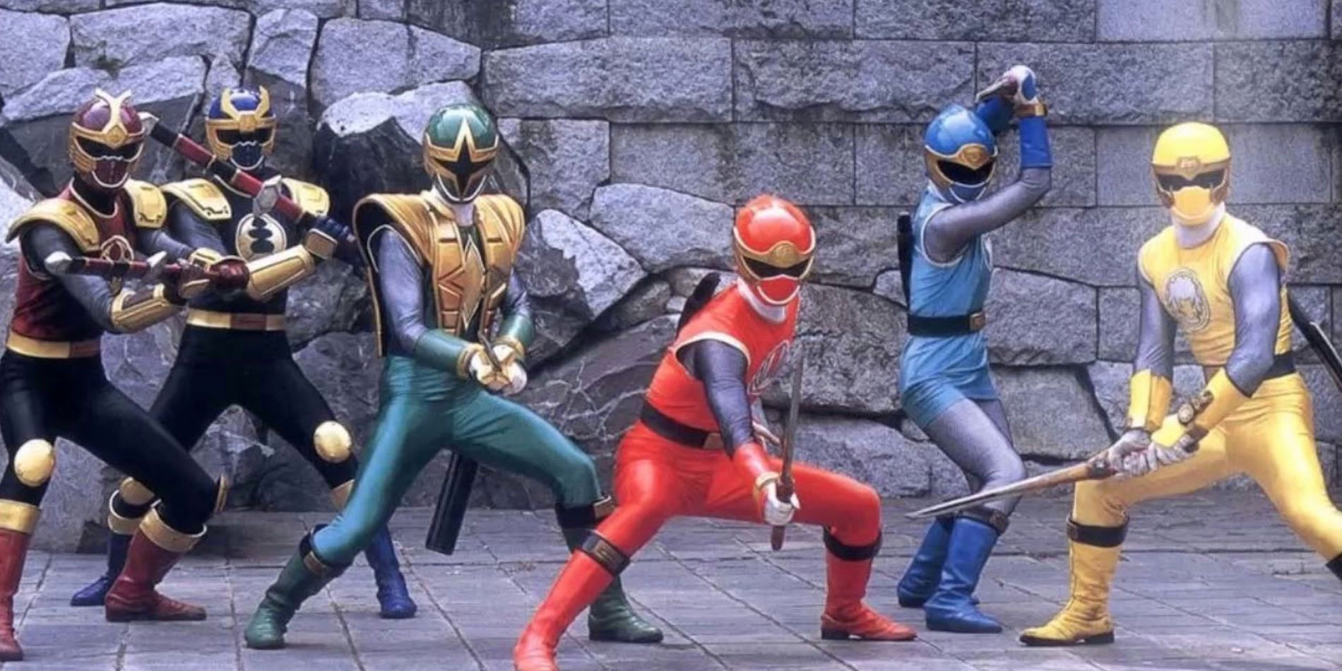 All Six Rangers from Power Rangers Ninja Storm, posing with their weaponry