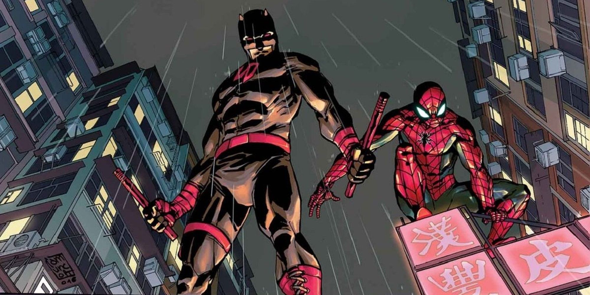 Spider-Man and Daredevil overlook the city from their perch.