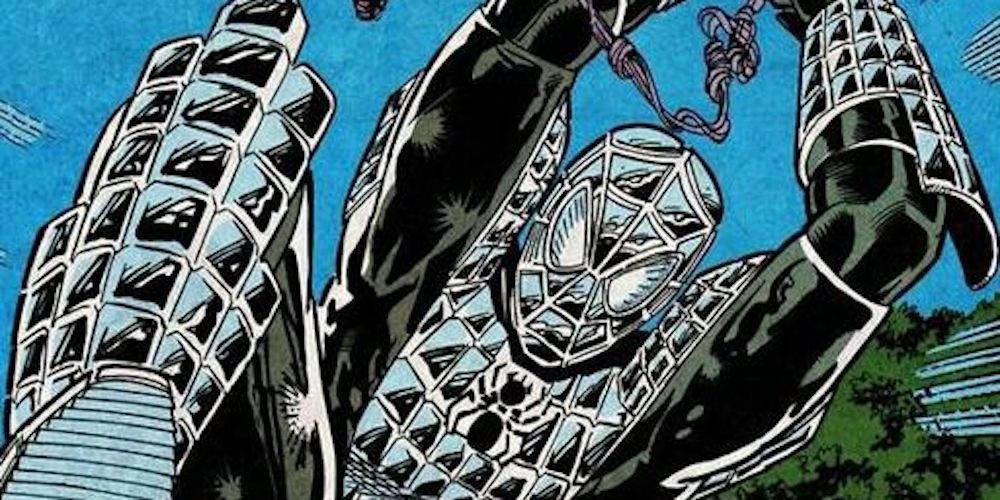 Spider-Man wears his silver Spider-Armor Mark I suit