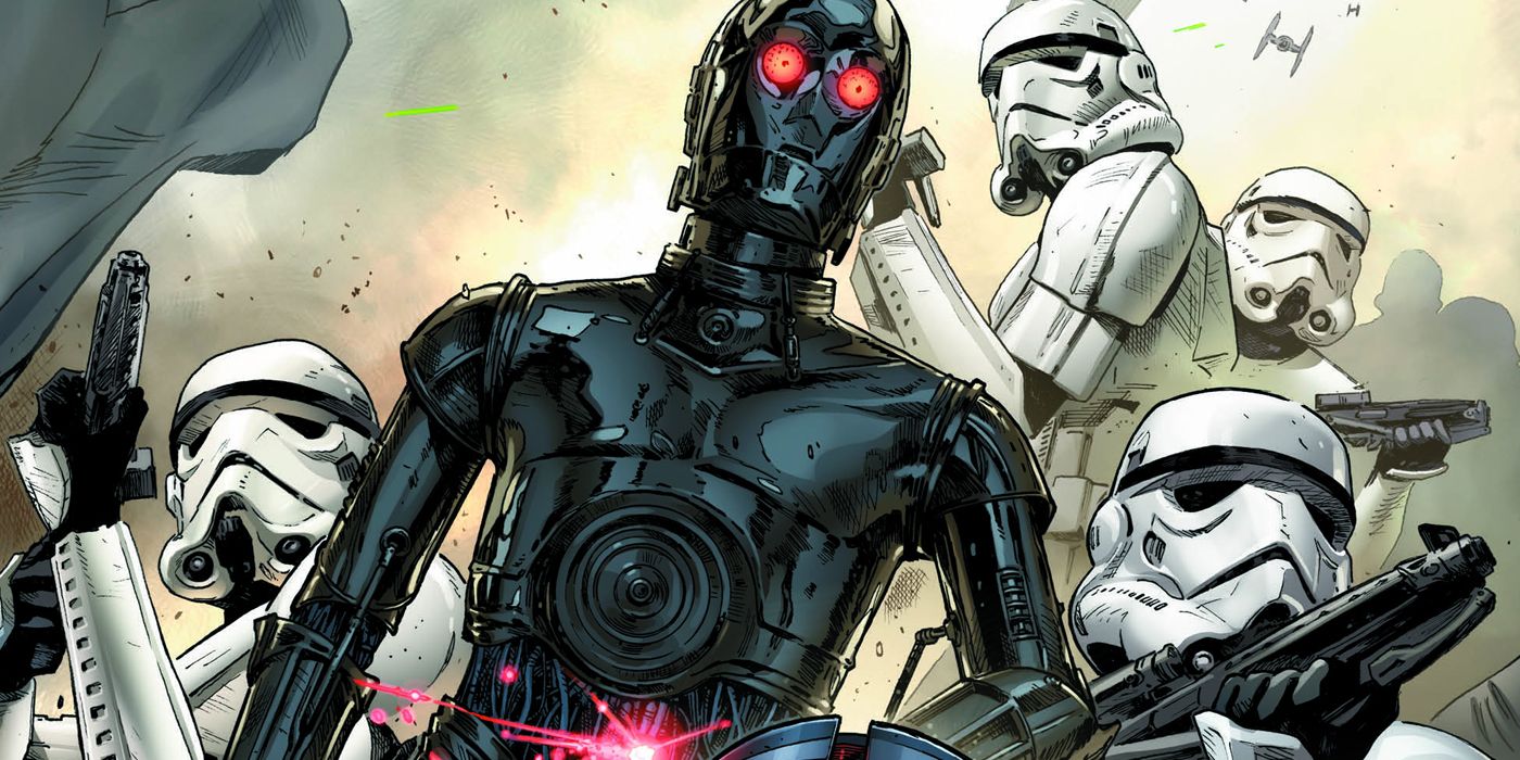 The murderous Star Wars droid Triple Zero beside Stormtroopers.