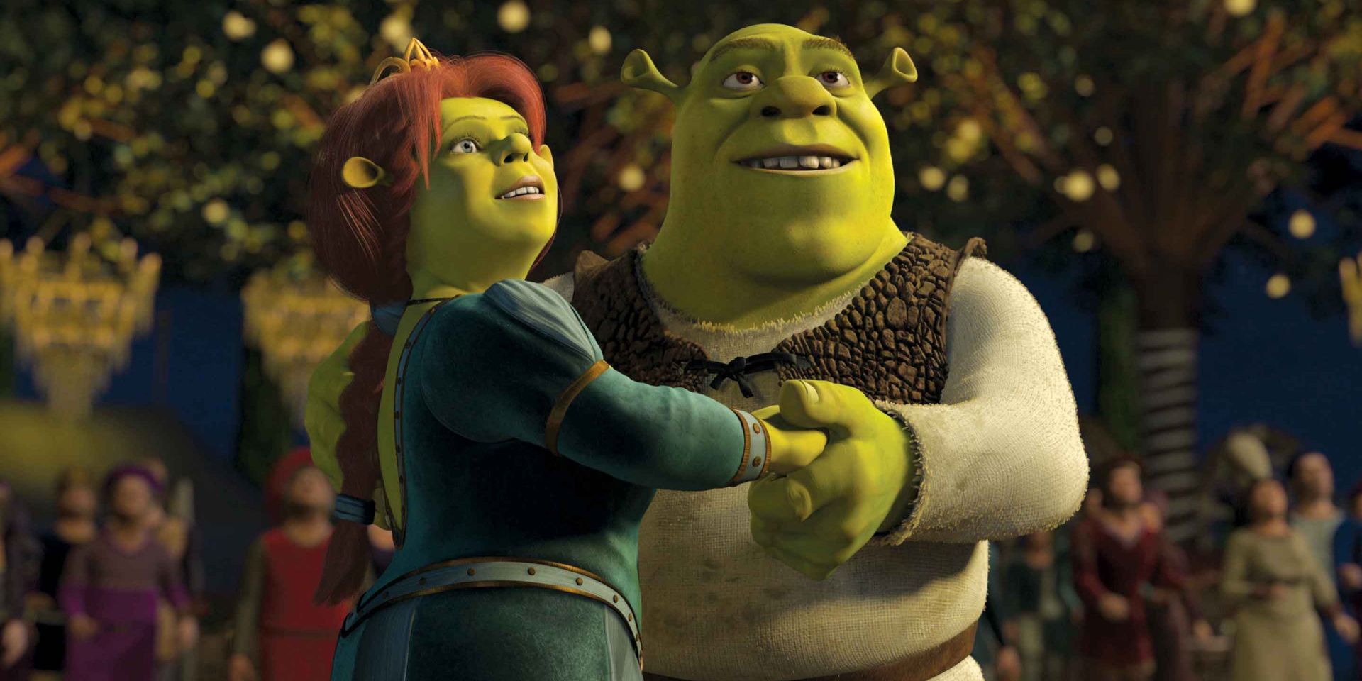 Fiona and Shrek hold hands in Shrek 2.
