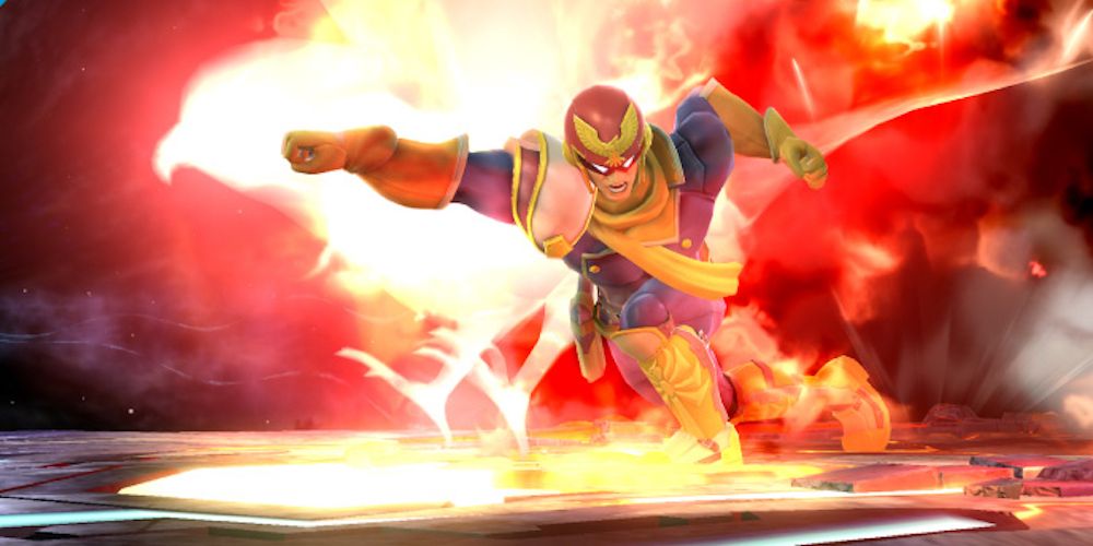 Super Smash Brothers' Captain Falcon executes a Falcon Punch.