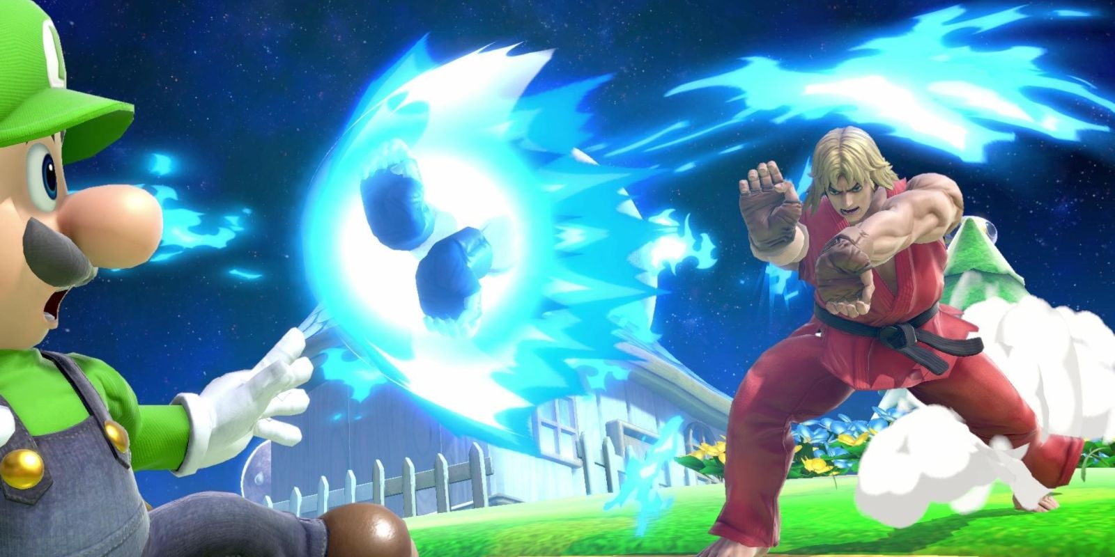 Ken fighting Luigi in Super Smash Bros. Ultimate.