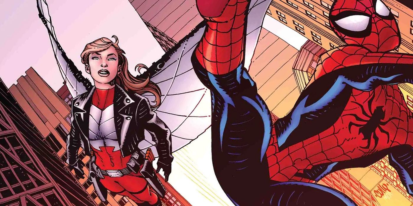 Spider-Man swinging through the city with his sister, Teresa Parker