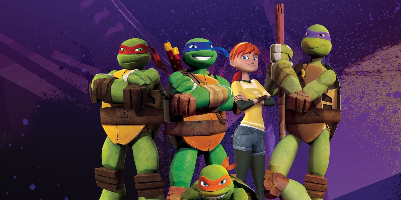 Teenage April O'neil and the TMNT posing in the 2012 Animated Series