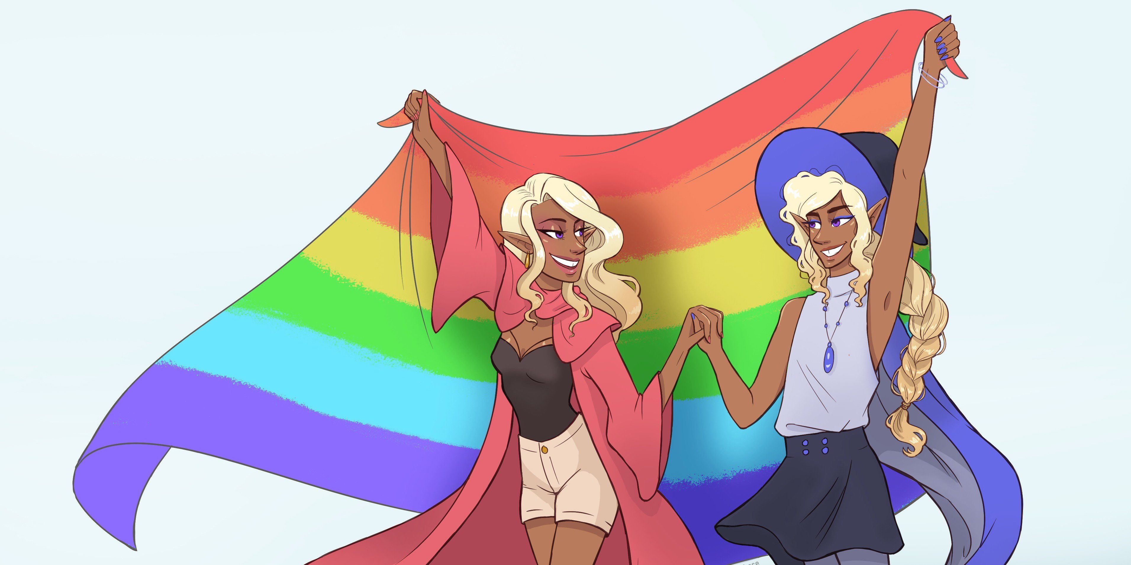 Taako and Lup from The Adventure Zone holding a pride flag.