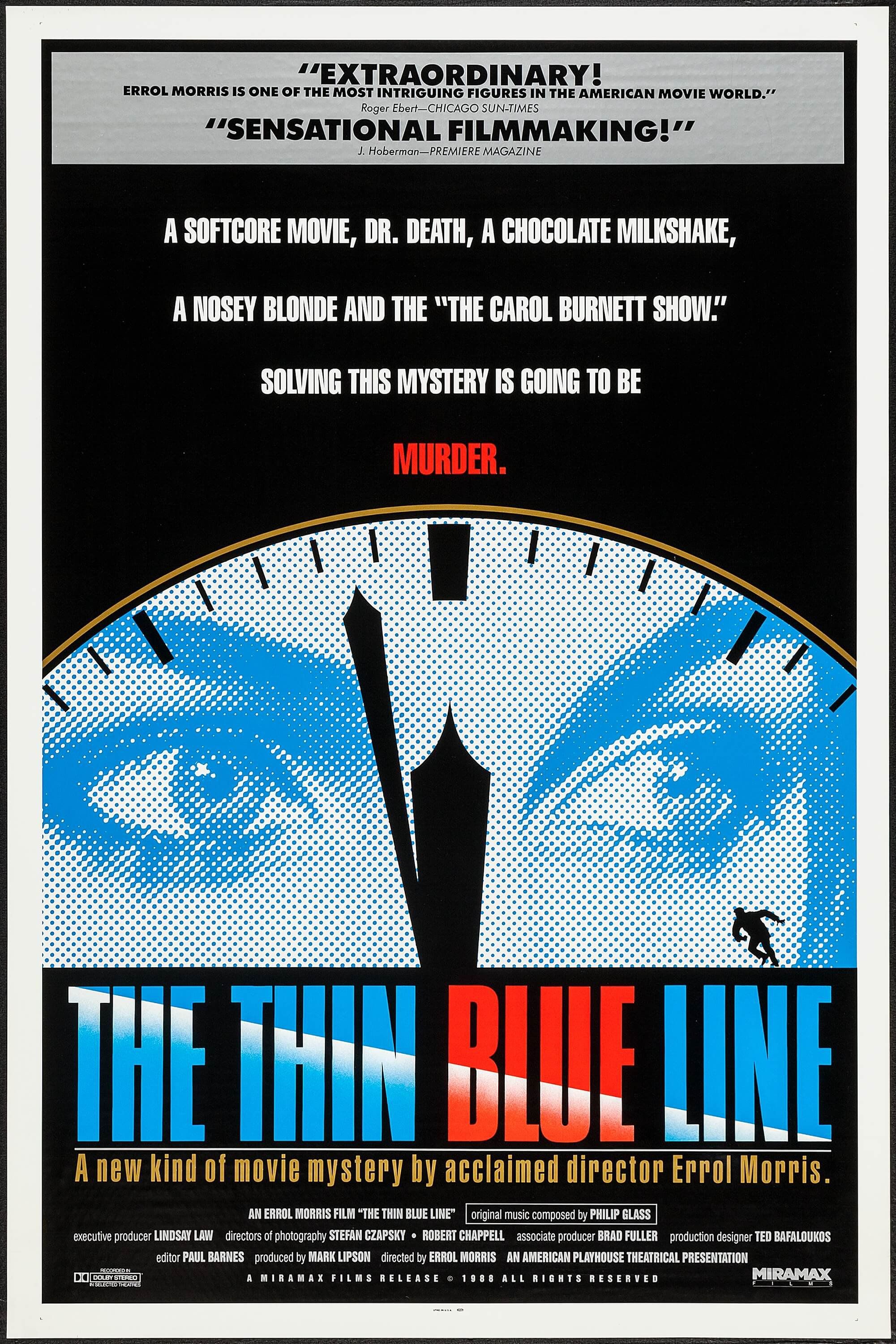 A woman's face projected o a clock on the movie poster for The Thin Blue Line