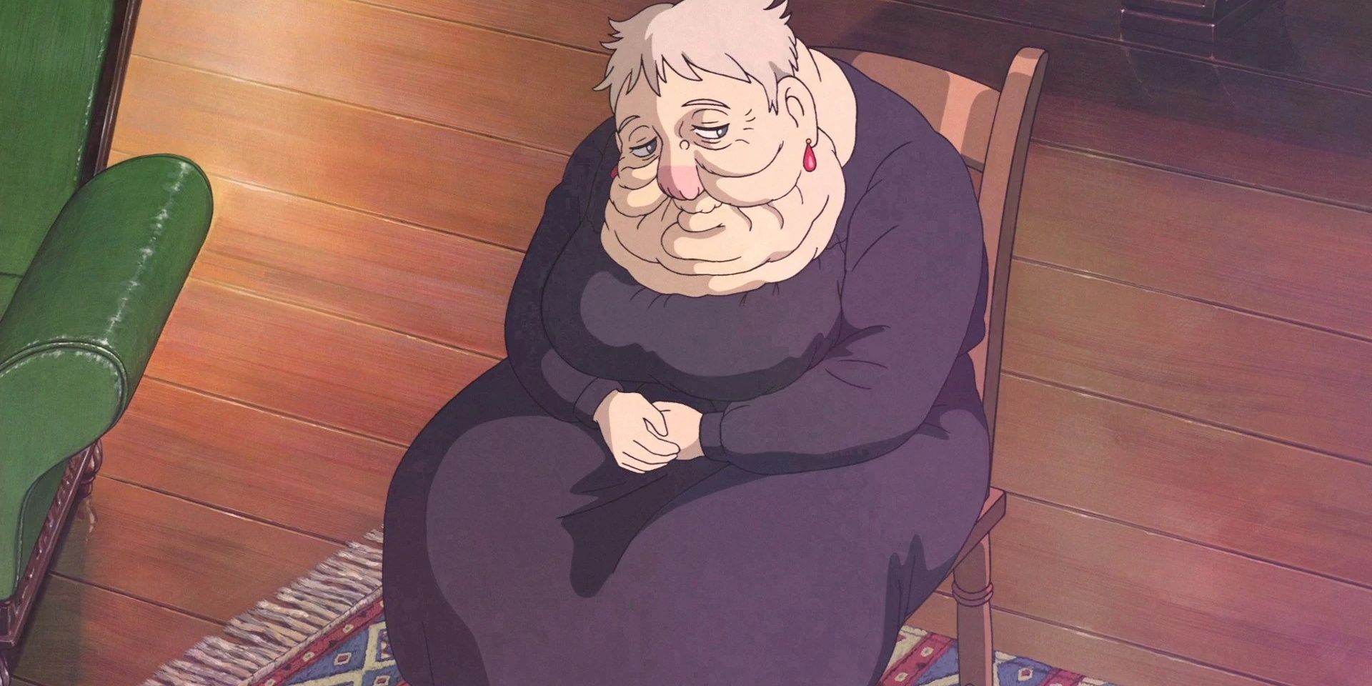 The Witch of the Waste sits calmly in Howl's Moving Castle.