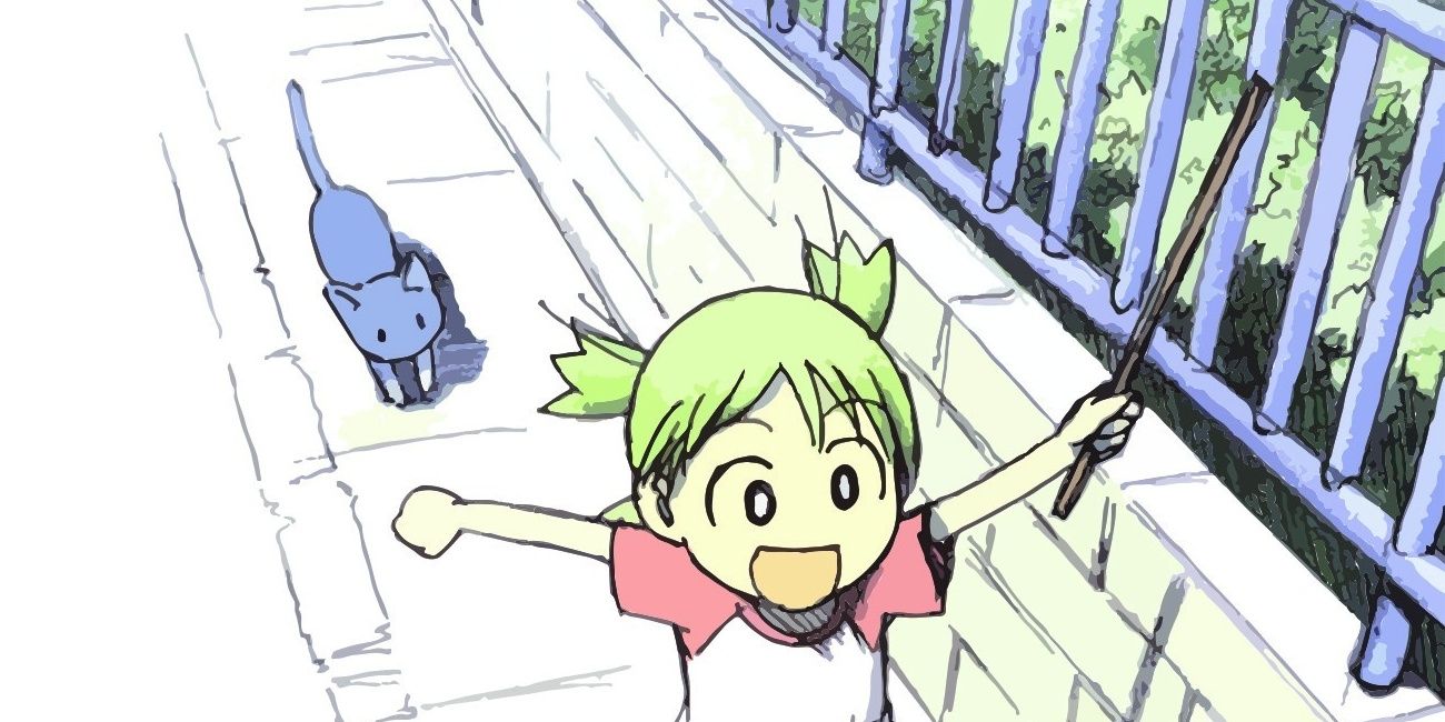 Girl running down the street with a cat in Yotsubato To manga