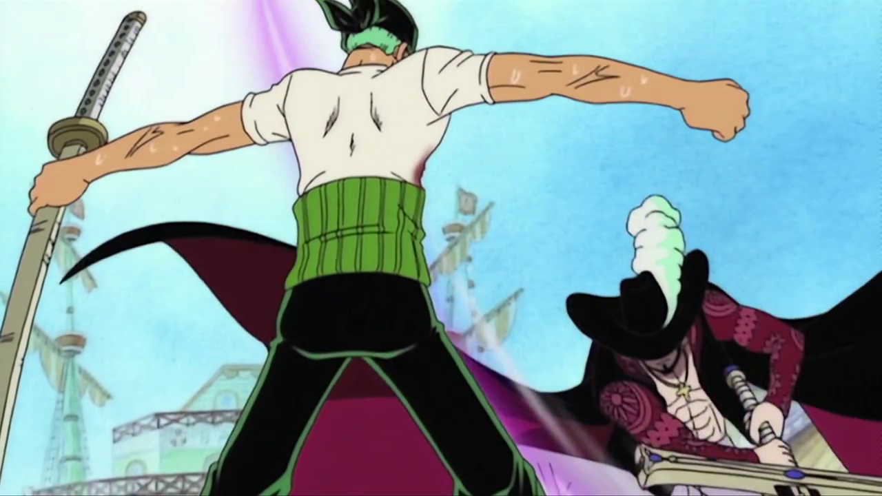 One Piece Warlord Mihawk Slicing Zoro Across The Chest