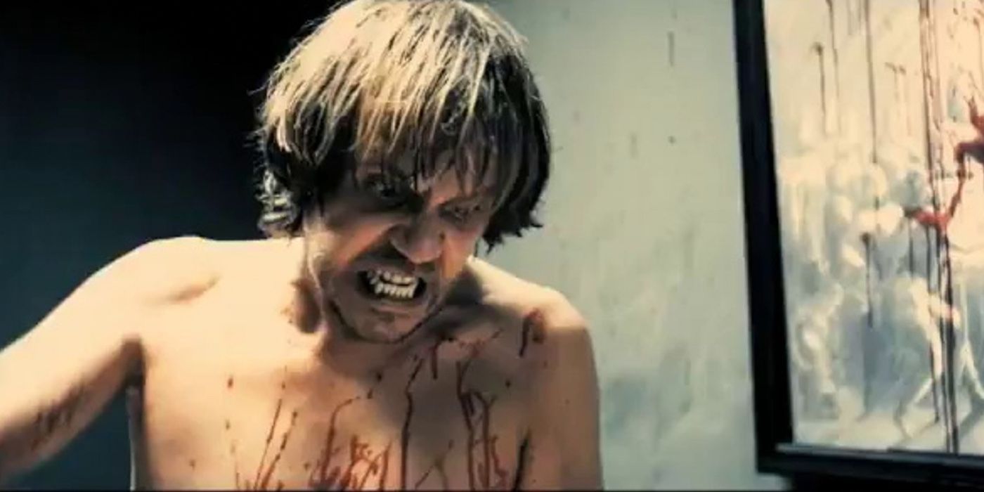 A man covered in blood in A Serbian Film.