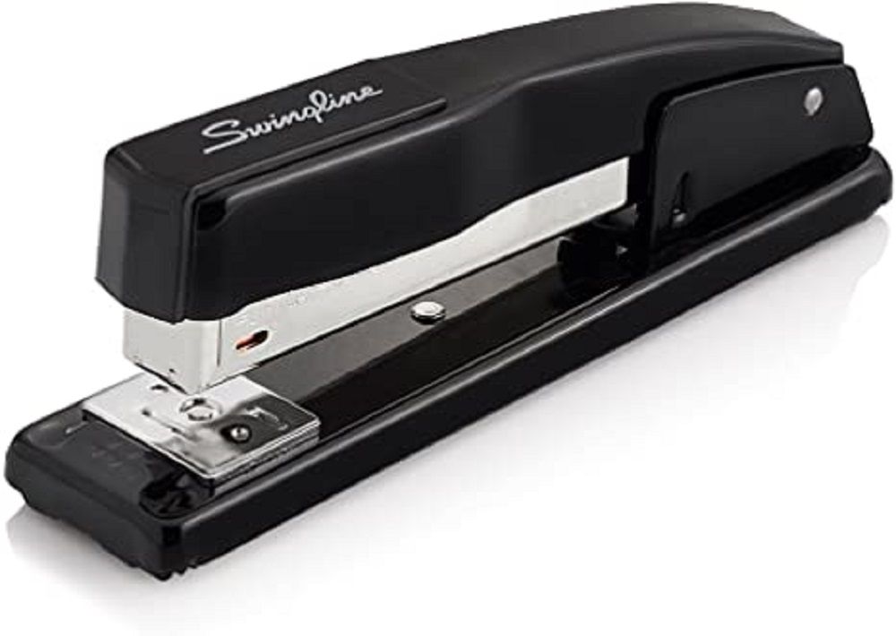 A promotional image of a black swingline stapler