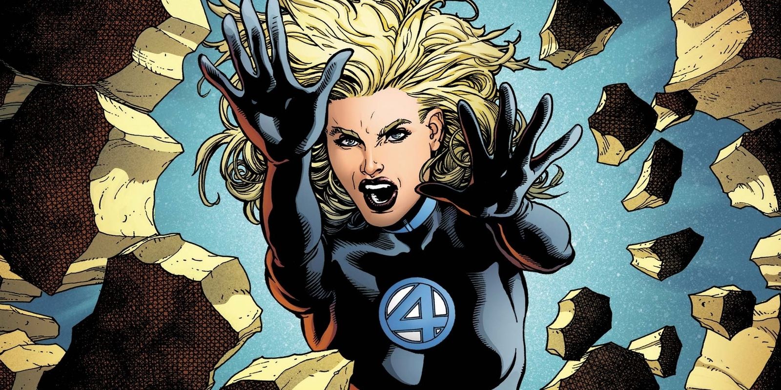 Invisible Woman smashing through bricks in Marvel Comics