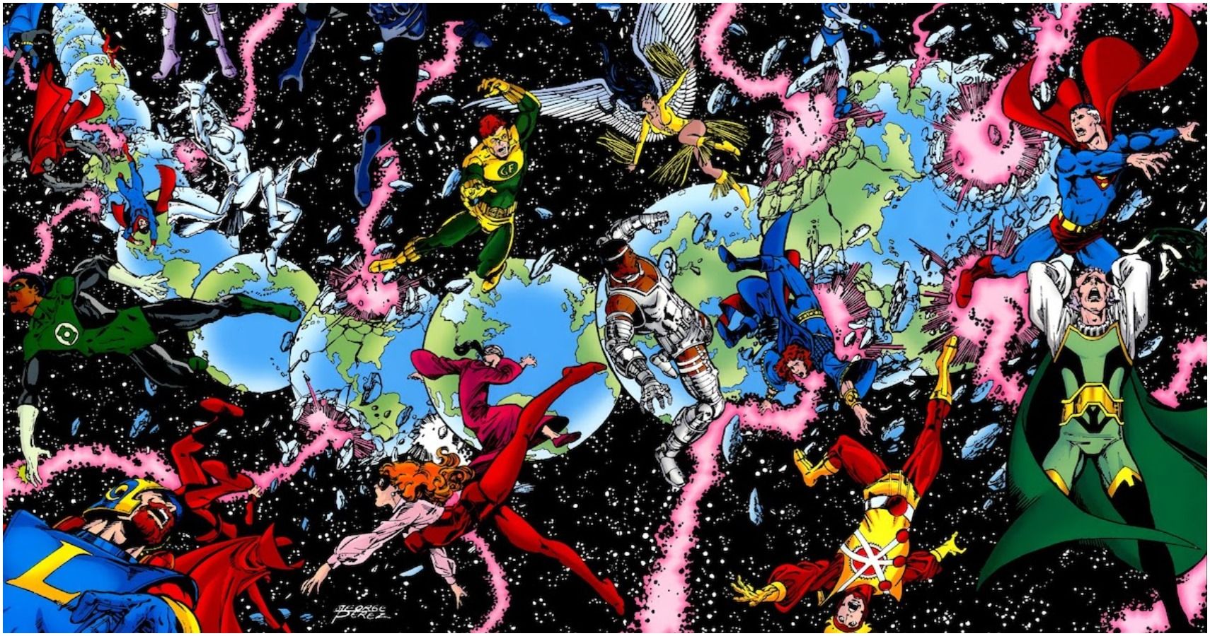 An image of heroes and villains clashing in space in DC's Crisis on Infinite Earths