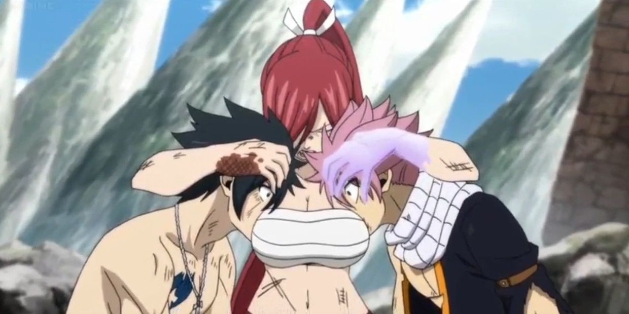 Erza Scarlet from Fairy Tail holding Gray Fullbuster and Natsu Dragneel against her chest