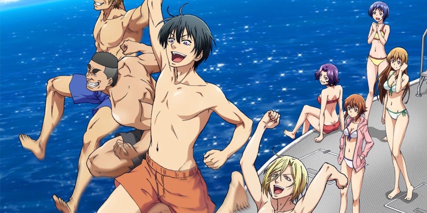 The main cast of Grand Blue Dreaming about to jump into the water