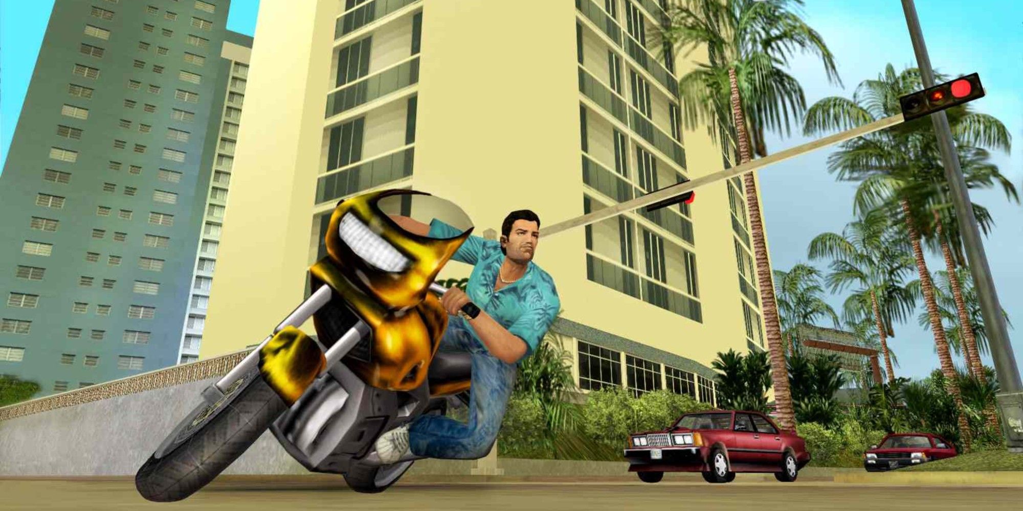 main character in GTA Vice City on a bike