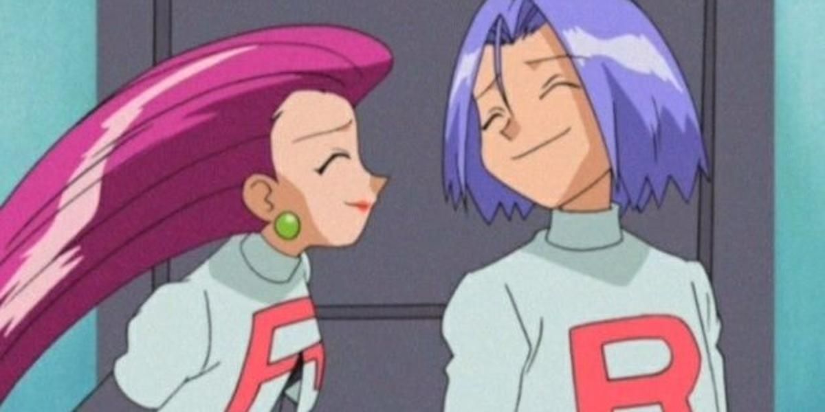 Jessie and James smiling nervously at each other in Pokémon.