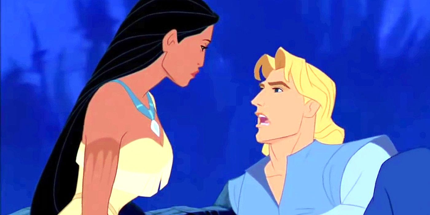 John Smith and Pocahontas lock eyes in the forest