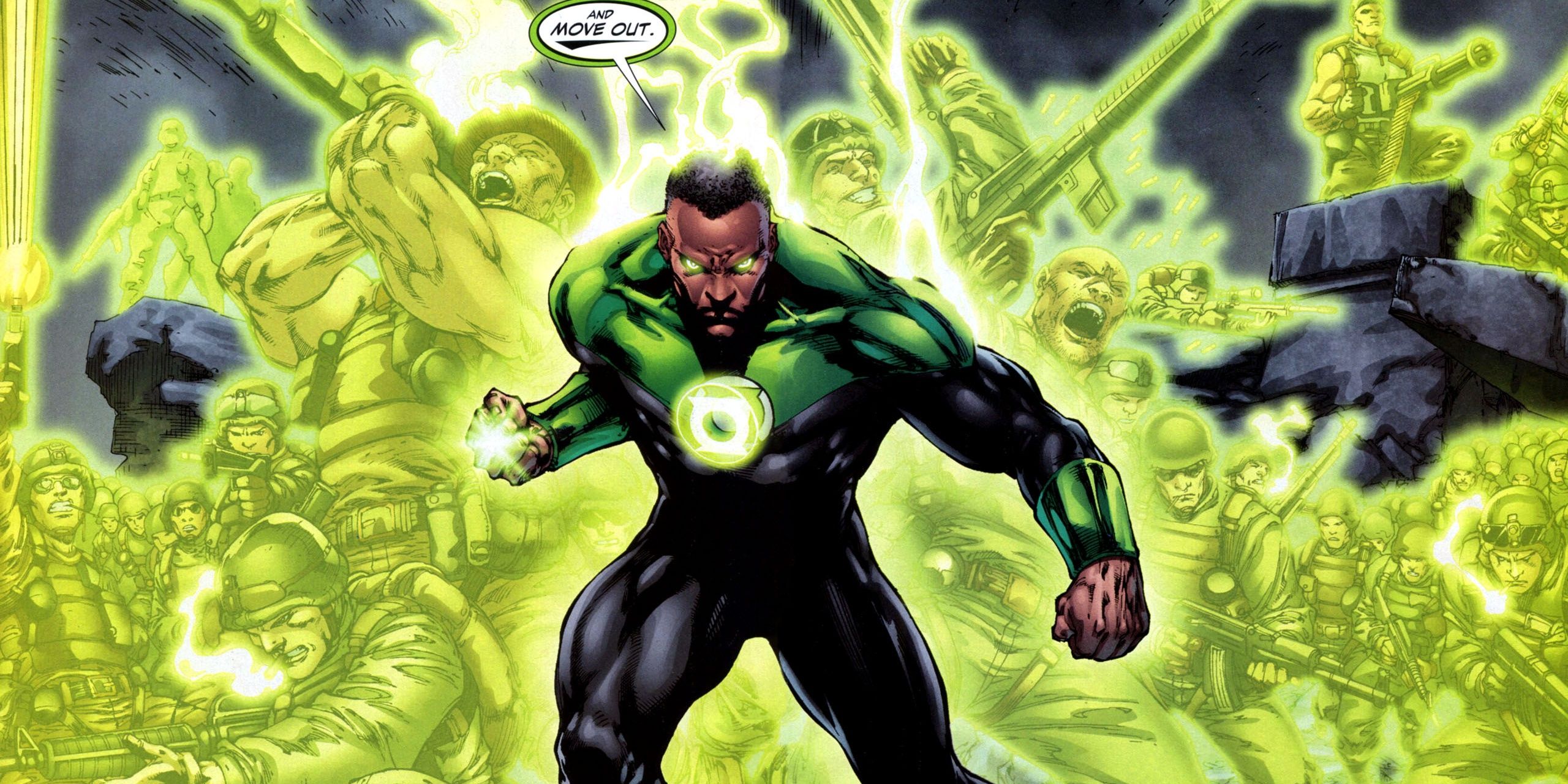 Joh Stewart creating an army with his Green Lantern ring